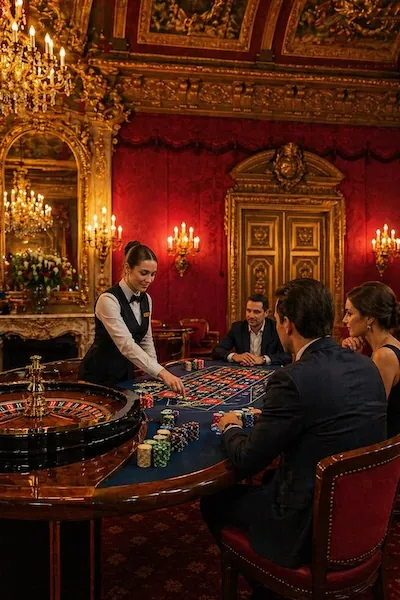 Eleganter Innenbereich einer deutschen Spielbank mit Roulette-Tisch und Croupier
